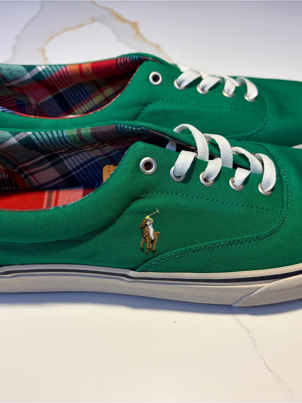 Polo by Ralph Lauren Green Canvas Low-Top Sneakers with Plaid Lining